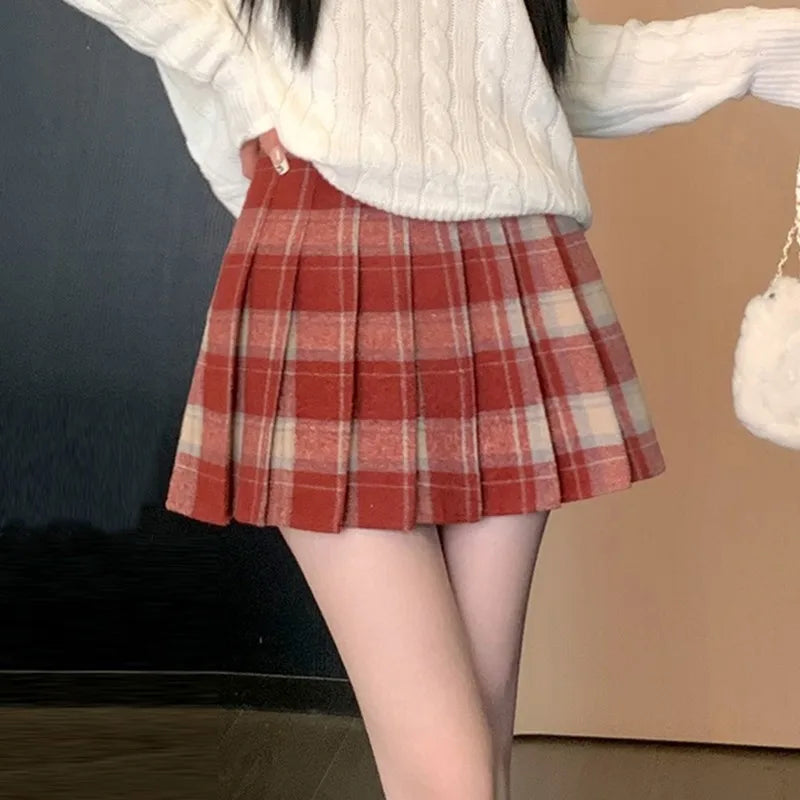 Hnewly Preppy Style Winter Plaid Vintage Pleated Mini Wool Skirt For Women High Waist Thicken Casual School Cute Short Skirt Female