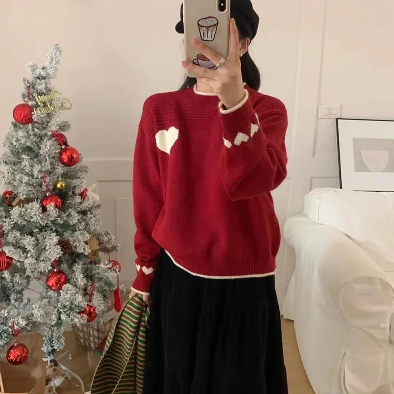 Hnewly y2k Sweaters Women Christmas Clothes Heart Print Round Neck Long Sleeve Knitted Pullover Tops 2000s Aesthetic Clothing