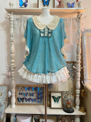 Hnewly  Vintage Doll Collar Polka Dot Short Sleeve Women's Summer Top And Lace Skirt Set Fashionable Retro Style Midi Dress