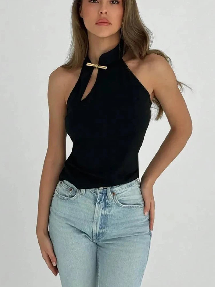 Hnewly  Cheongsam Buckle Tank Tops Women Y2K Summer Trend Basic Classic Hollow Solid Simple Street Stretch Daily Chic Vest