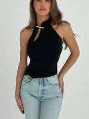 Hnewly  Cheongsam Buckle Tank Tops Women Y2K Summer Trend Basic Classic Hollow Solid Simple Street Stretch Daily Chic Vest