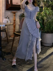 Hnewly Dress Women Sweet Streetwear Buttons Ruffles Irregular Pure Square Collar Tender Temper Fashion Autumn Ulzzang Literary Unique