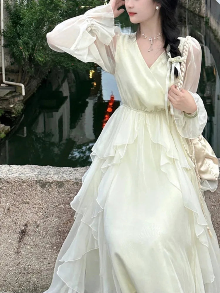 Hnewly French Fairycon Ruffles Dresses For Women's 2025 New Summer Fashion V-Neck White Long Puff Sleeve Dress Holiday Beach Vestiods