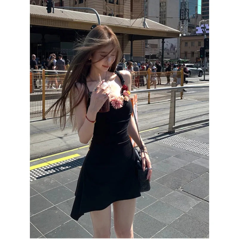 Hnewly Sexy Strap Mini Dress Women 2000s Y2k Vintage Clothing Beach Slim One Piece Dress Korean Fashion Outwear Sleeveless