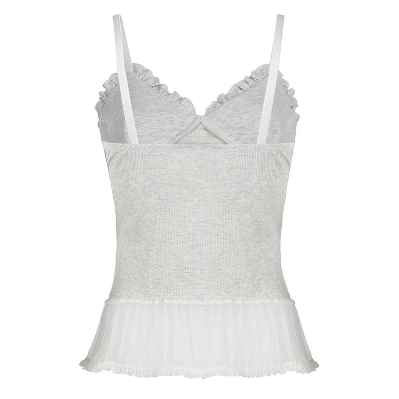 Hnewly Bow Frill Camis Women Slim Fit Stretchy Tank Top Y2K Aesthetic Mesh Stitching Hem Sleeveless Crop Tops Kawaii Clothes