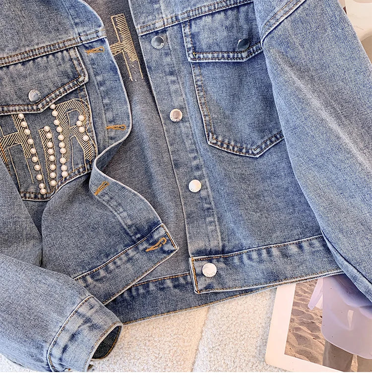 Hnewly  Nail Bead Denim Jacket For Women's Spring Autumn 2025 New Style Loose Versatile Long Sleeved  Turndown Collar Coat Top