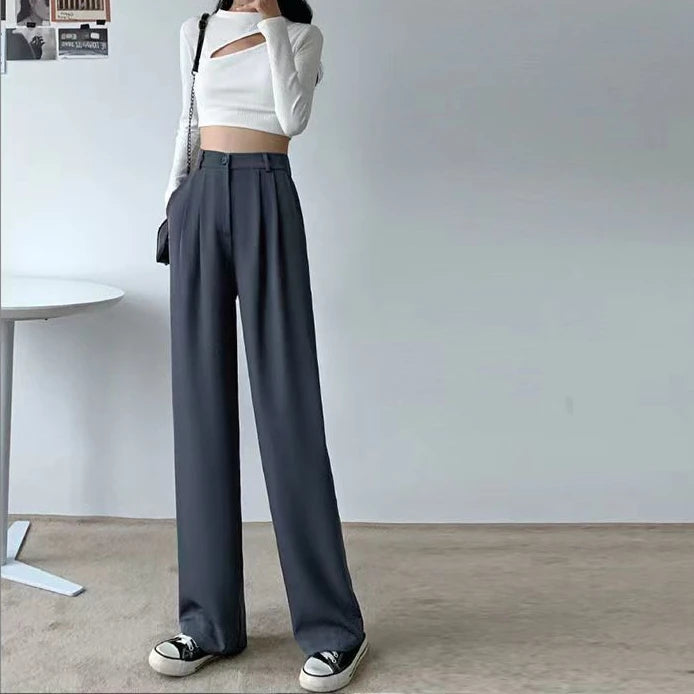 Hnewly Trousers for Women Summer Women's Suit Pants White High Waist Fluid Korean Style Wide Leg Palazzo Straight Fashion Casual