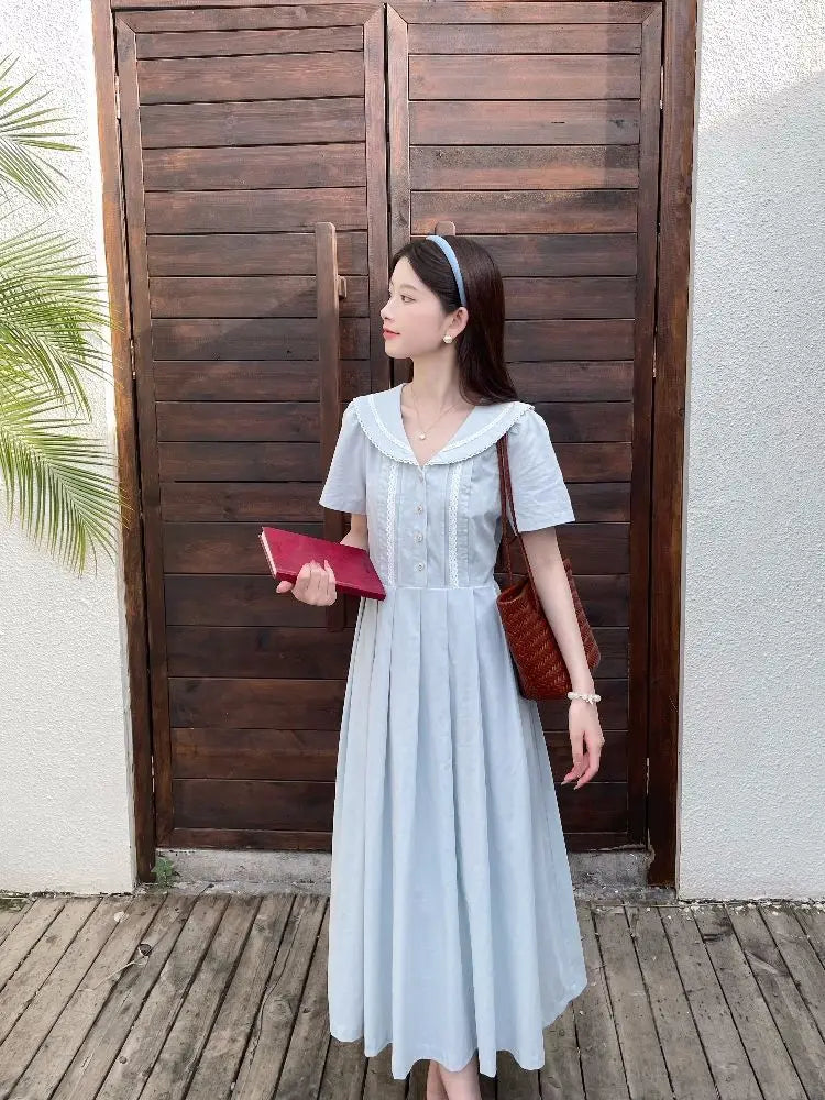 Hnewly  Women Dresses Elegant Peter Pan Collar Lace Patchwork Preppy Style Short Sleeve Summer Fashion French Style Female Dress