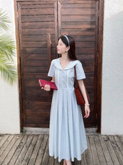 Hnewly  Women Dresses Elegant Peter Pan Collar Lace Patchwork Preppy Style Short Sleeve Summer Fashion French Style Female Dress