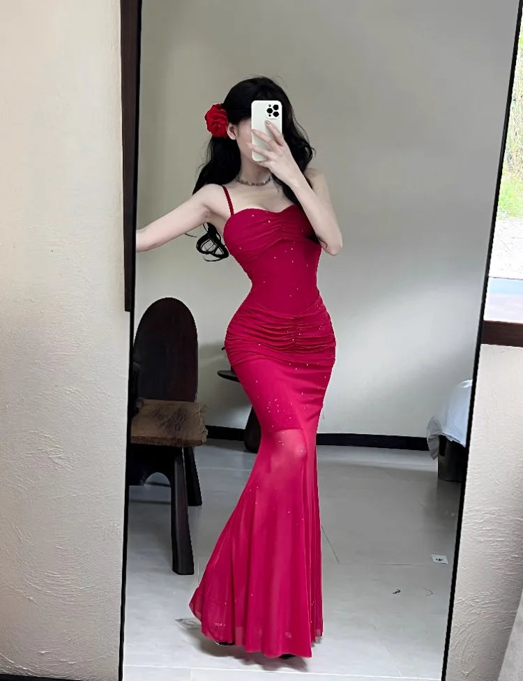 Hnewly  Women Dresses Sleeveless Mesh Patchwork Elegant Slash Neck Sexy Fashion Mermaid Dress Party Female French Style