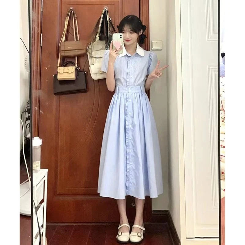 Hnewly  Woman Dress Striped Turn Down Collar Patchwork Ruffles Single Breasted Short Sleeve Summer Fashion Female Dresses Casual