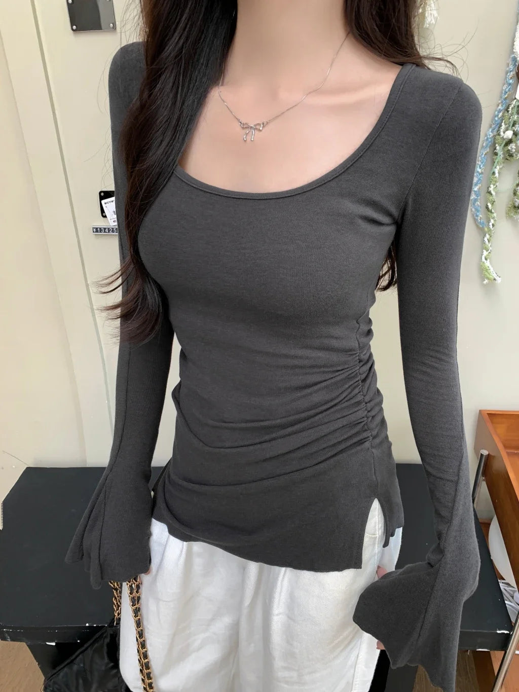 Hnewly Skinny T-shirts Women Autumn Basic Solid Cleanfit O-neck Flare Sleeve Sexy Girl Korean Fashion Y2k Tops Aesthetic Streetwear Ins