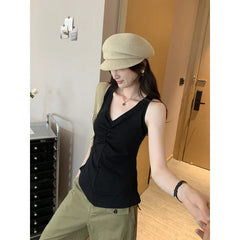 Hnewly  Gray French Pleated V-neck Tank Top Women's Slimming Summer New Style Sleeveless Street Fashion Outerwear