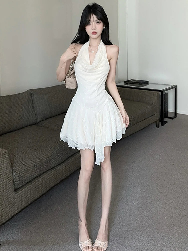 Hnewly  Woman Dress Sleeveless Halter Swinging Collar Backless Sweet Slim Sexy Elegant Party Mini Dresses Female Clubwear