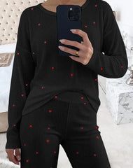 Hnewly  Heart-Patterned LongSleeve Round Neck Shirt and Pants Loungewear two Piece Set for Women Comfortable Matching Ensemble Set