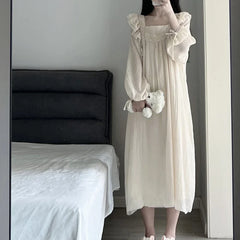 Hnewly Lace Nightgown Sleepwear Women Korean Ruffles Night Dress Spring One Piece Pajamas Long Sleeve Square Collar Home Wear 2024 New