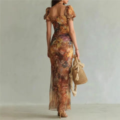 Lunivop  Floral Maxi Dress Woman Sexy Square Collar Ruched Split Bodycon Long Dress New Summer Puff Sleeve Ruffle Party Dress