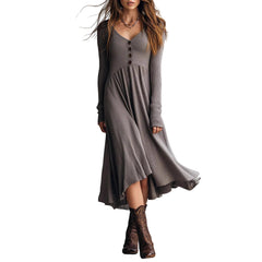 Hnewly  Women's Simple Basic Lightweight Long Sleeve V-neck Long Dress Fashion Korean Style Daily Elastic Soft and Comfortable Skirt