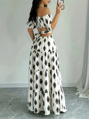 Hnewly  Summer Women's A-Line Maxi Dress Off Shoulder Tie Detail Floral Print Beach Vacation Dress Boho Sexy Smocked Waist