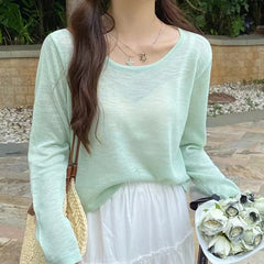 Hnewly  Breezy Long Sleeve Knit Top for Women Breathable O-neck Boxy Pullovers Blouse Summer Sunscreen Shirt Cover Up Casual Outfit