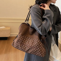 Polka Dot Suede Tote Bag Korean Leopard Print Letter Design, Women Large Capacity Drawstring Shoulder Bag Fashion Casual Handbag