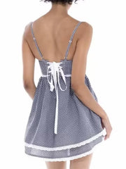 Lunivop  Sexy Plaid Spliced Embroidery Lace Bra Corset style Mini Dress Women Bow Lacing up Backless Party Skater Sling Robe Holiday