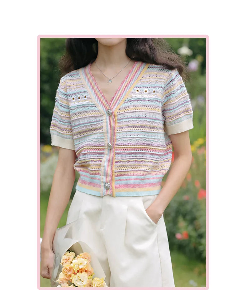 Hnewly Rainbow Striped Knitted Sweater For Women's 2025 Summer New  Thin Short Sleeved V-neck Hollow Out Holiday Sun Protection Top