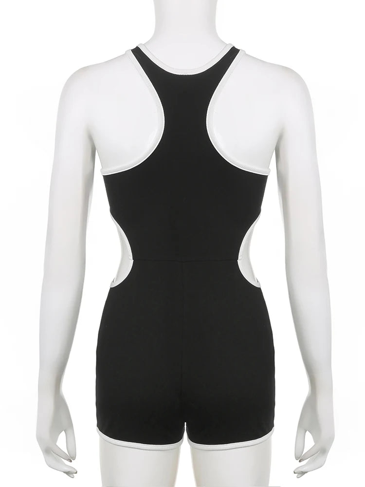 Hnewly Sporty Activewear Basic Hollow Out Playsuits Sexy Slim O-Neck Sleeveless Rompers Women Summer Fashion Streetwear