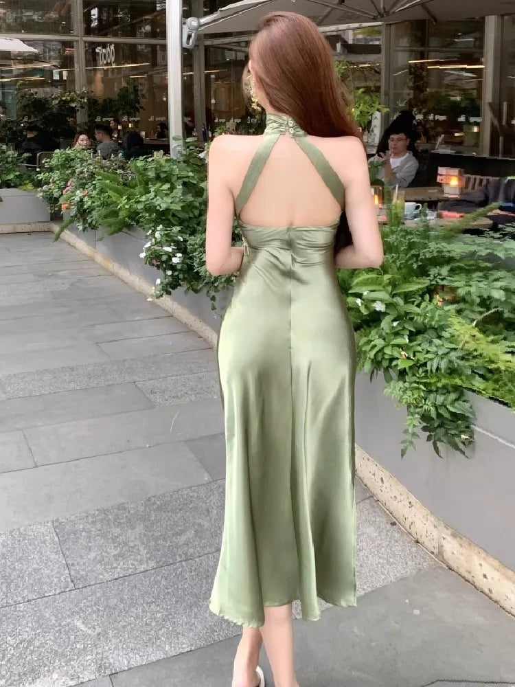 Hnewly  Women Dress Sexy Elegant Hollow Out Sleeveless Slim Split Backless Vintage Temperament Dresses Summer Fashion Female