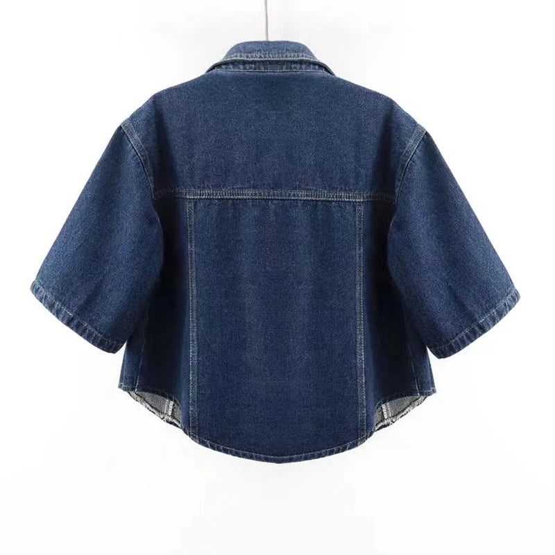 Hnewly Summer Short Sleeved Denim Jacket For Women 2025 Loose Single Breasted Turn Down Collar Loose Coat Korean Fashion Crop Top