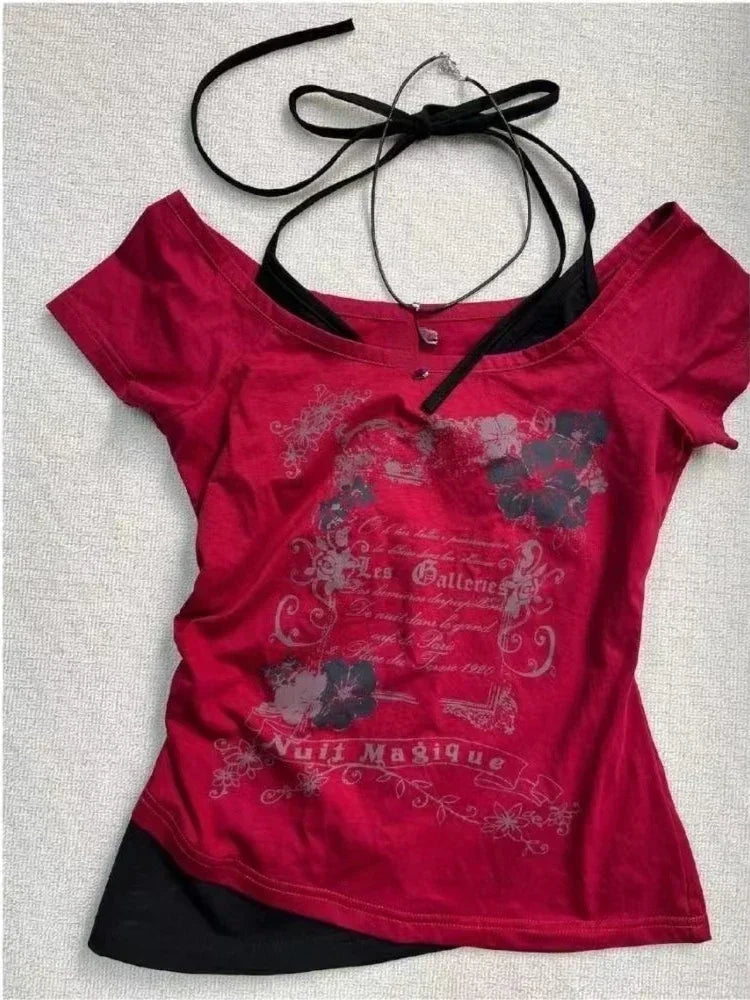 Hnewly Summer Fake Two Pieces Halter Bandage Vintage T-shirts Y2k Aesthetic Slim Crop Tops Women Grunge Print Harajuku Casual Sexy Tee