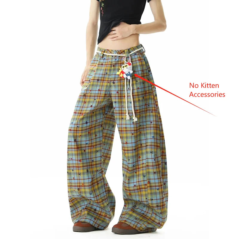Hnewly Retro Plaid Patchwork Casual Pants Women Summer High Waist No Pendant Loose Wide Leg Pants Y2K Korean All Match Jogging Trousers