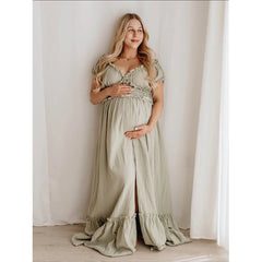 Hnewly  Bohemian Maternity Photo Dress Off Shoulder Ruffled Maxi Gown Pregnancy Photoshoot Baby Shower Elegant Maternity Dress