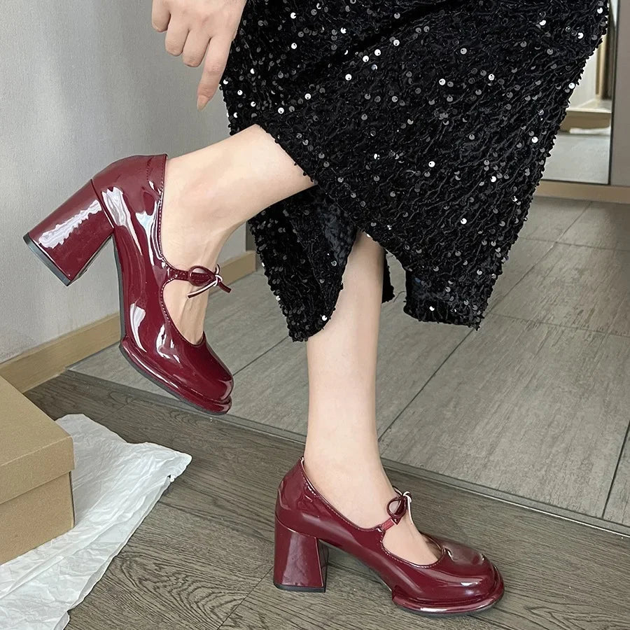 Hnewly New Fashion Bowknot Shallow Soft Sole Dress Shoes for Women High Heeled Mary Jane Single Shoes Ladies Thick Heel Ballet Shoes