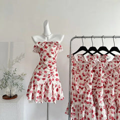 Hnewly  Broken Flower Women's Dresses Flying Sleeve Dress Summer Tunic Ropa Mujer Off Shoulder Bow Vestidos Ruched Roupas Feminina