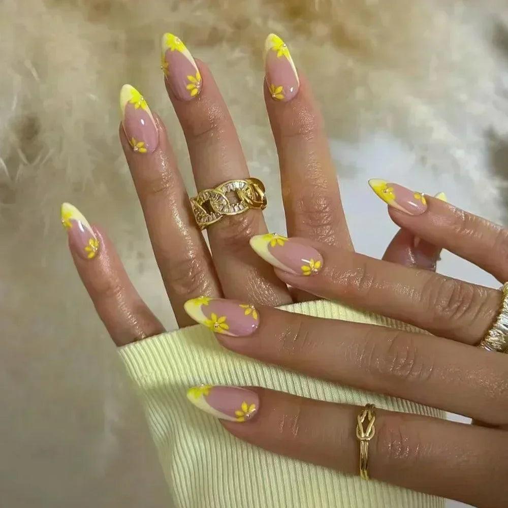Hnewly 24Pcs White Almond False Nails Ballet with French Design Wearable Fake Nails Gradient Simple Full Cover Press on Nail Tips Art