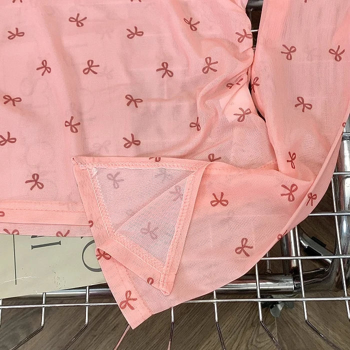 Hnewly Pink Bow Printed Long Sleeved T-shirt Women's Spring  Summer Sun Protection Top Korean Version Round Neck Slim Fit Versatile Tee