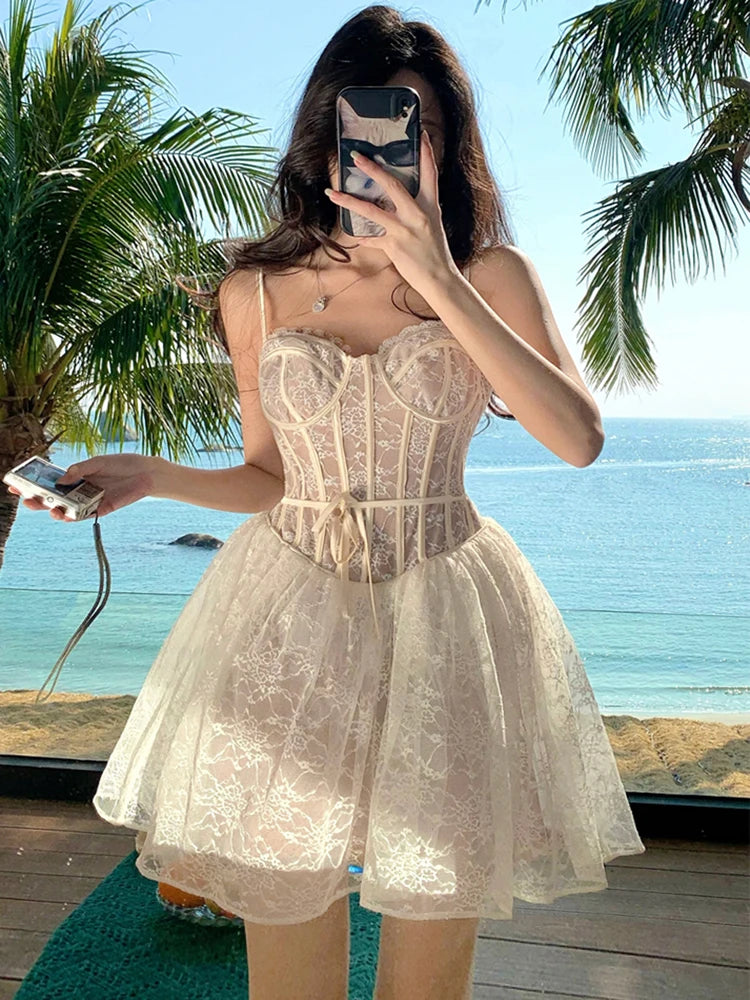 Hnewly New Summer Elegant Lace Sling Slim Mini Party Dress For Women Sexy Backless Boho Vacation Short Pleated Dresses