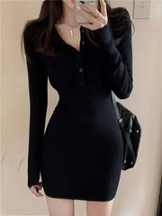 Hnewly Woman Korean High-end Waist Hot Girl Black Hip Dress Autumn Winter New Style Long Sleeved Knitted Short Vestidos