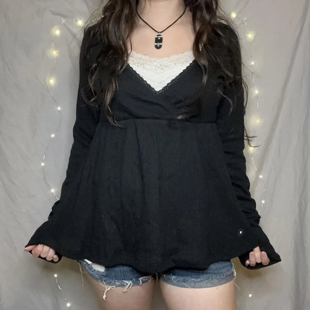 Hnewly  Preppy Fake 2 Piece Lace Trim Long Sleeve Pullovers Tees Cottage Bandage Babydoll T-shirt Women Autumn Vintage Y2k Crop Tops