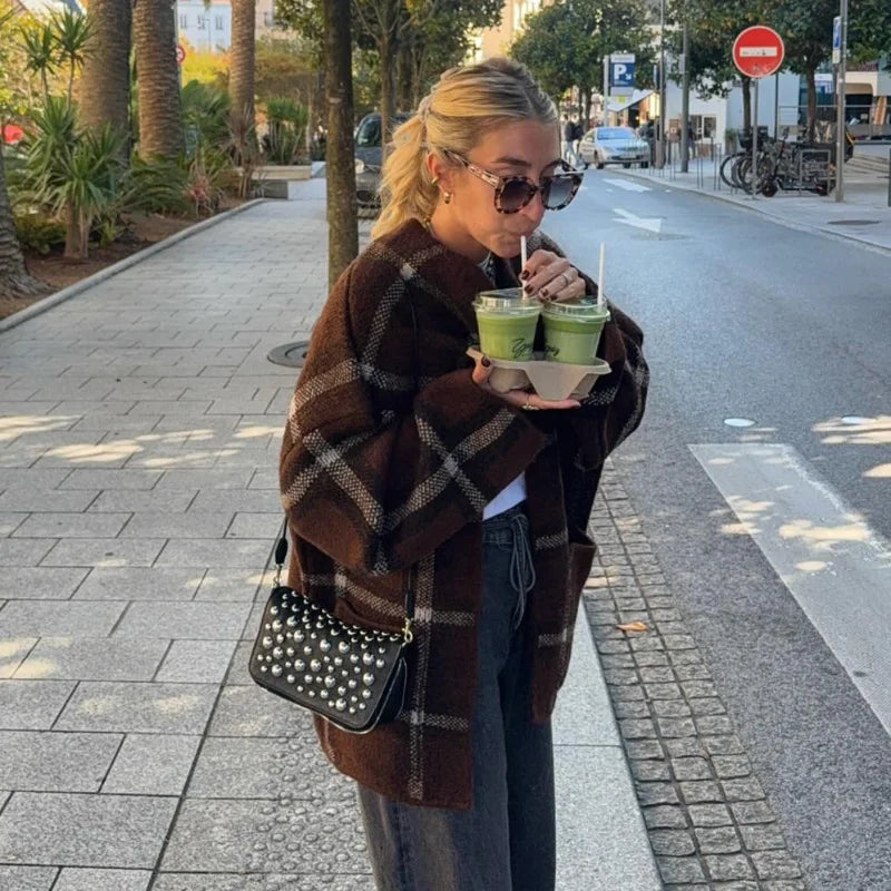 Hnewly  Elegant Women's Knit Contrast Plaid Cardigans Loose Scarf Collar Long Sleeve Female Sweater Autumn Lady Chic Warm Knitwear