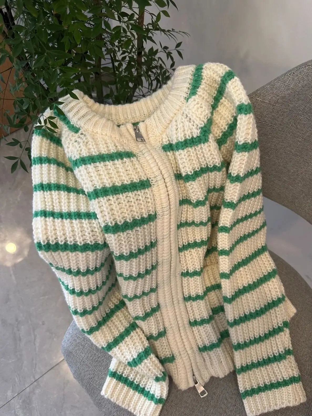 Hnewly  Green Striped Zippered Sweater Knitted Cardigan Women's Spring Autumn O-Neck Top New Loose Harajuku Long Sleeved Outwear