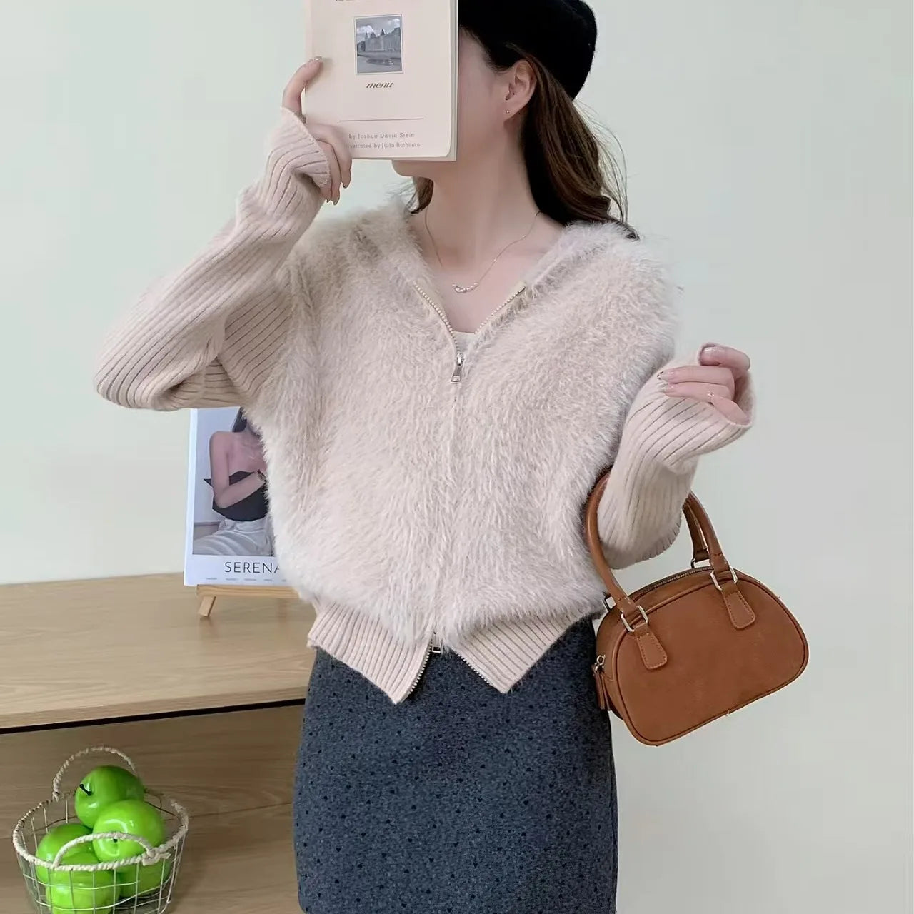 Hnewly  Fuzzy Sweater Hoodie Zip-Up Mohair-Knit Cardigan Women Long Sleeve Hooded Crop Top Knitwear Fall Winter Teen-girl Y2K Outfit