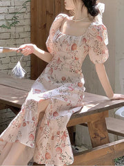 Hnewly DRESS TO IMPRESS French Elegant Vintage Dress Women Summer Short Sleeve Beach Style Floral Midi Dress Chic One Piece Dress Korea Women Party