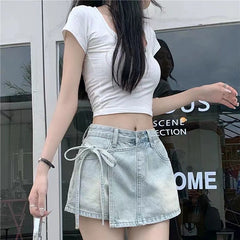Hnewly  Fashion Bow Knot A-Line Denim Skirts Women Korean Asymmetrical Split Blue Skirt Ladies Summer New Basic High Waist Skirts Mujer