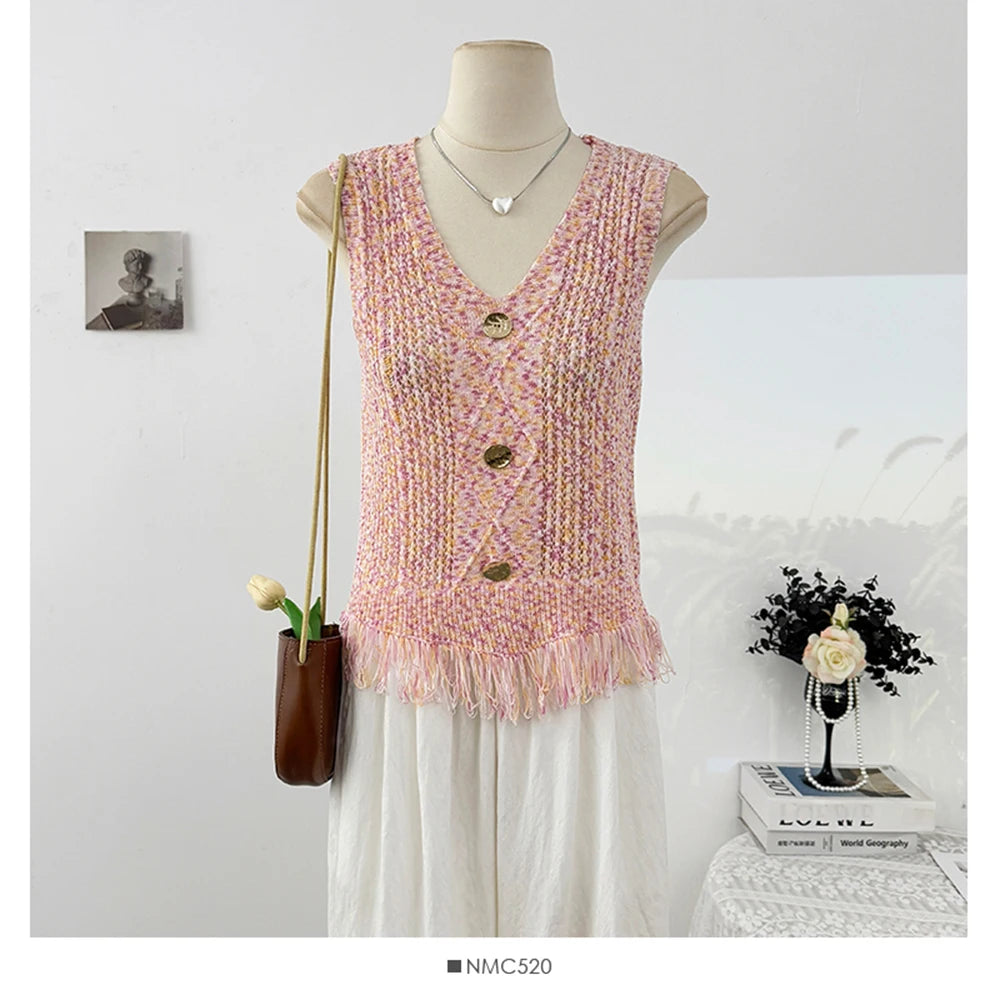Hnewly  Retro Colored Striped Camisole Vest Women's 2025 New Summer New Sleeveless O-neck Knitted Shirt Elegant Hollow Out Short Top