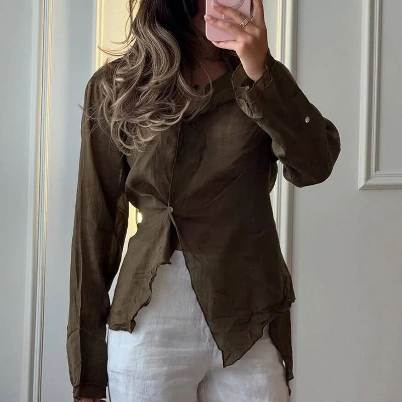 Hnewly  Casual Solid Color Streetwear Women's Shirt Tops Fashion V-neck Long Sleeved Irregular T-shirt Office Elegant Lace Up Blouses