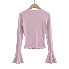 Hnewly  Long sleeve tops woman Summer outfit woman kawaii clothes t shirt for women flare sleeve top ruched t-shirts front ring