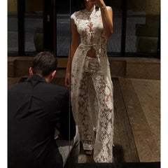 Hnewly  Women's 2Piece Sheer Lace Outfit Set Mandarin Collar Sleeveless Hollow Top Long Cover Up Wide Leg Pants Party Club Suit