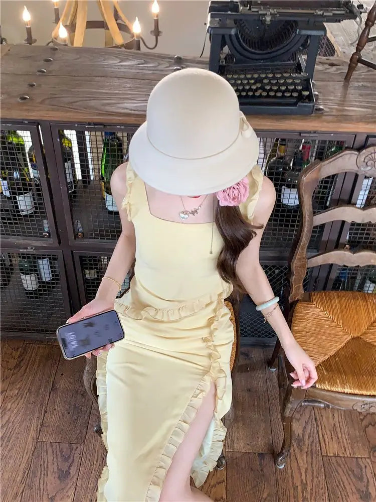 Hnewly  Elegant Dresses Women Sleeveless Ruffles Patchwork Split Bandage Summer Fashion Sweet Female Dress Holiday Casual